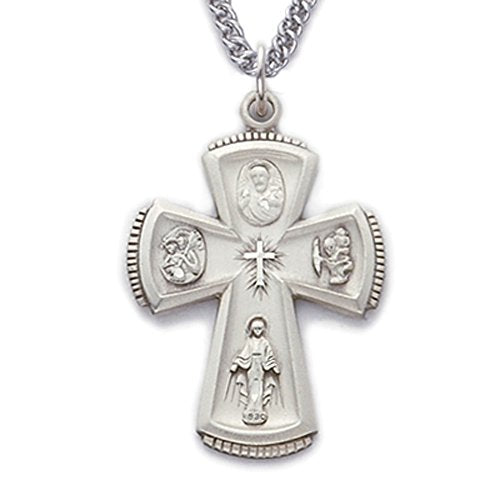 True Faith Jewelry Sterling Silver 4 Way Medal Cross Pendant Necklace Religious Jewelry, 1 Inch