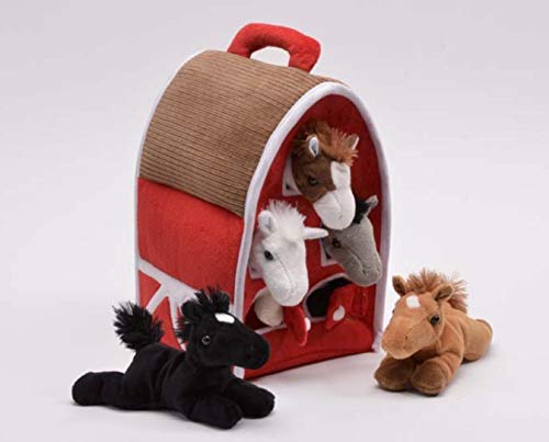 Unipak Plush Horse Barn with Horses - Five (5) Stuffed Animal Horses in Play Carrying Barn Case