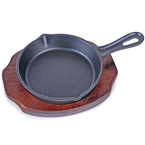 FMC Fuji Merchandise Corp Pre-Seasoned Nonstick Durable Cast Iron Skillet Fry Pan Cookware with Wooden Base (6.25"D x 1.25"H)