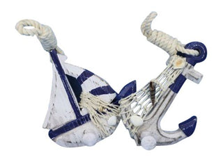 Hampton Iron Wooden Rustic Blue Sailboat/Anchor Wall Accent with Hook Set, 6"