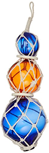 Hampton Iron 3xglass-101 Orange-Blue Japanese Ball Fishing Floats with White Netting Decoration 11"-Glass Buoy