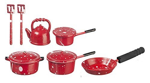Aztec Imports Melody Jane Dollhouse Red Spot Saucepan Pan Set & Kettle Kitchen Accessory