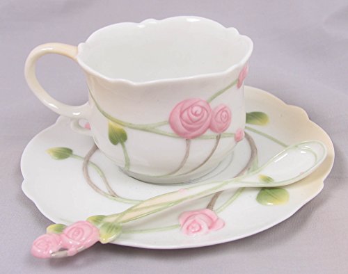 Unicorn Studio 5.25 Inch White Porcelain Art Nouveau Rose Coffee Cup Set with Spoon