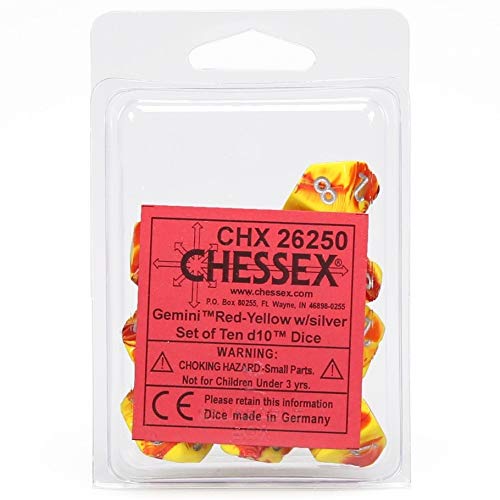 Chessex Gemini Red-Yellow w/Silver Set of Ten d10 Dice