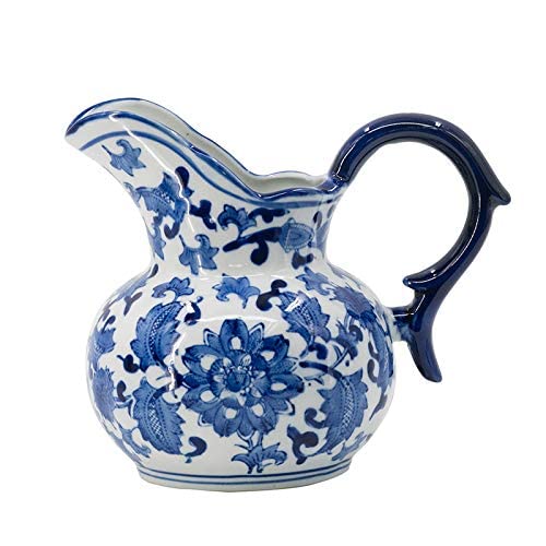 A&B Home Ceramic Pitcher with Handle-Coffee Milk Creamer Pitcher for Kitchen,Flower Pattern Blue & White Porcelain Jar,9"x6x8"