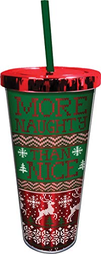 Spoontiques 21637 More Naughty Than Nice Foil Cup w/Straw, 20 ounces, Red