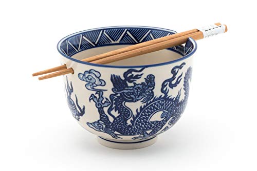FMC Fuji Merchandise Japanese Oriental Ryu Dragon Design Quality Ceramic Ramen Udon Noodle Bowl with Chopsticks Bowl Set 5 Inch Diameter