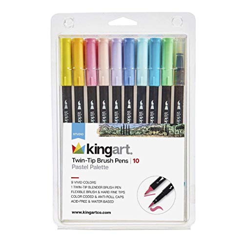 KINGART Markers, Set of 10 Unique Pastel Colors & Blender Dual Tip Brush Pen, 10 Piece