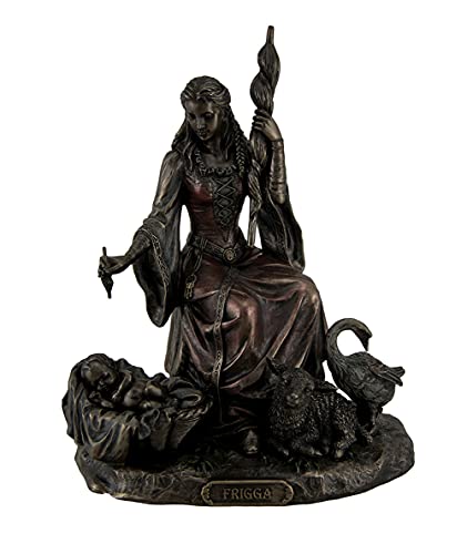 Unicorn Studio Resin Statues Frigga Norse Goddess Of Destiny Love And Marriage W/Infant Animals & Spindle 6 X 7.75 X 4.5 Inches Bronze