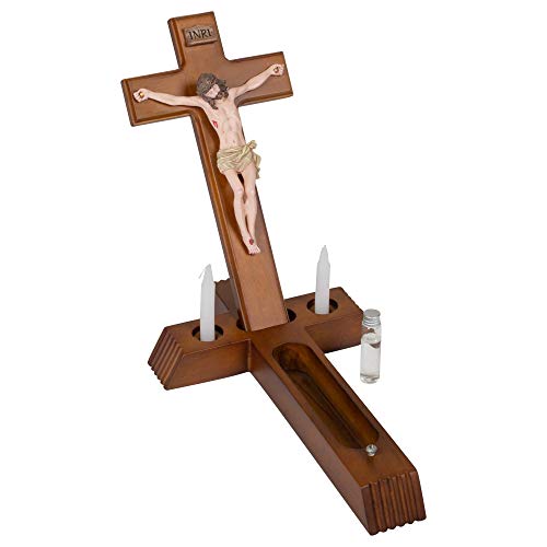 Roman Sick Call 8.5 x 14 Resin Wall Crucifix With Candles And Mini Bottle, 4-Piece Set