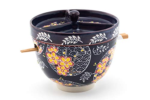 FMC Fuji Merchandise Mira Design Japanese Design Quality Ceramic Ramen Udong Soba Tempura Noodle Bowl with Chopsticks and Condiment Lid 6 Inch Diameter (Asian Fusion Floral)