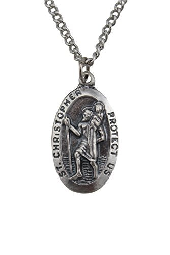 Creative Brands Creed Silver Tone St. Christopher Protect Us Medal, Rhodium-Plated Chain, 24-Inch