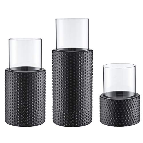 Danya B. Contemporary Candle Holder Set of 3 (6.5", 9.8", & 12.2" H) with Clear Glass Hurricanes and Round Textured Metal Base/Stand, Centerpiece or Mantle, for Pillar or Flame-Less LED Candles