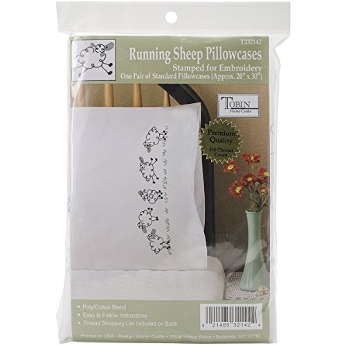 Design Works Crafts Tobin 20" x 30" Stamped Pillowcases for Embroidery, Running Sheep, White