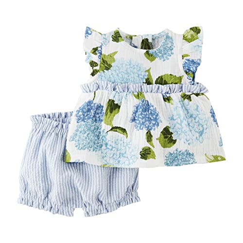 Mud Pie Girls Pinafore Set, Blue Hydrangea 3-6 Months