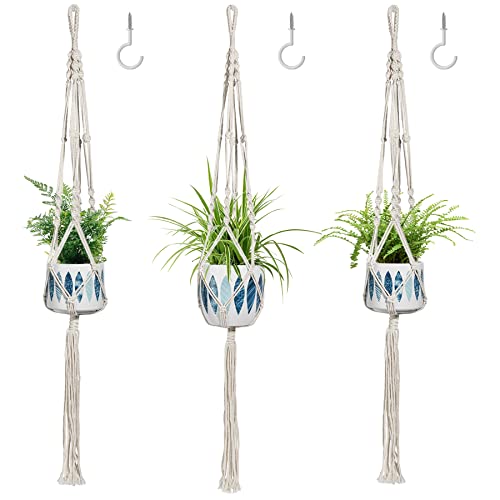 T4U Macrame Plant Hangers Set of 3, Hanging Planter Holder with Hook for Indoor Outdoor Flower Pot, Handmade Boho Cotton Rope Stand with Tassel for Wall Window Bedroom Decor Gift (Ivory, 4 Legs)