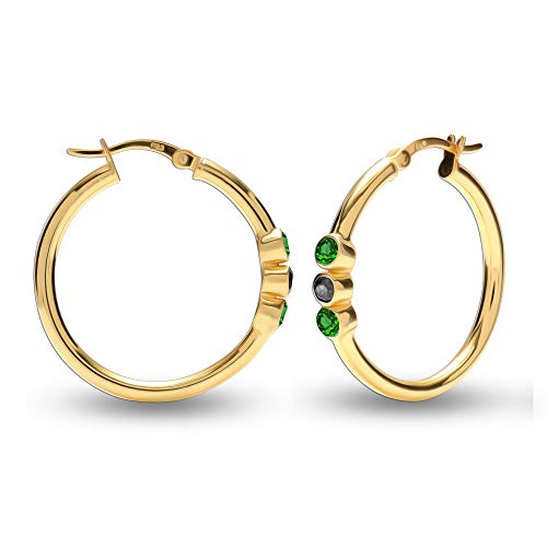 LeCalla Flaunt Sterling Silver Jewelry Round Hoop Earrings for Teens and Women (3 MM Green Emerald & Black Onyx Round Cut)