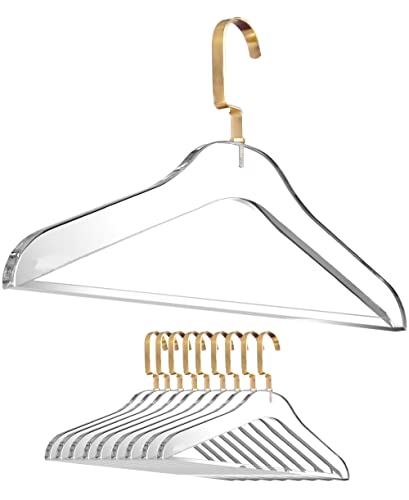 Clear Acrylic Clothes Hangers - 10 Pack Stylish and Heavy Duty Closet Organizer with Chrome Plated Steel Hooks - Non-Slip Notches for Suit Jacket, Sweater - by Designstyles (Matte Gold Pants Bar)