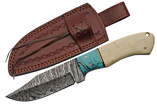 SZCO Supplies 8.5" Damascus Steel Bone Handle Hunting Knife with Sheath, White/Turquoise (DM-1275)