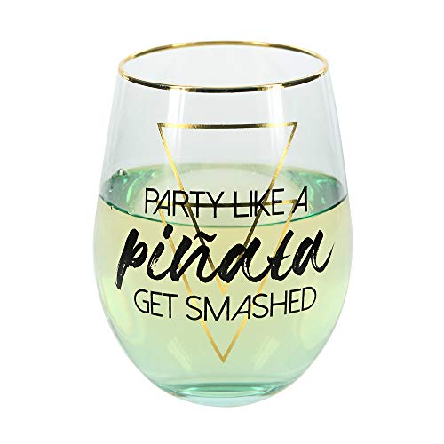 Pavilion Gift Company Blue Party Like A Pinata Get Smashed Ombre & Gold 18oz Stemless Birthday Wine Glass