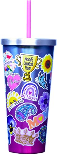 Spoontiques - Stainless Steel Cups - 24 oz Double Wall Insulated Drinkware with BPA Free Acrylic Lining - Twist Lock Lid with Color Coordinated Straw - Mom Sticker Art