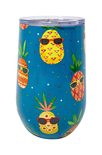 Boston Warehouse Pineapples Insulated Stemless Wine Goblet, 16 ounce, Blue