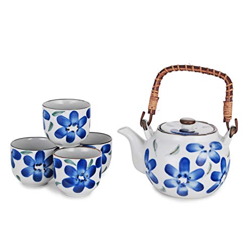 FMC Fuji Merchandise Corp Japanese Style Tea Set Porcelain Tea Pot 22 Fl Oz with Strainer and 4 Cups Set Blue Flower Design