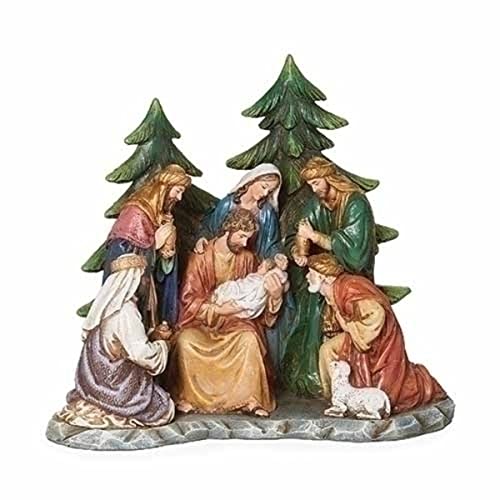 Roman 7.25" Nativity Scene with Pine Tree Figurine Christmas Tabletop Decor