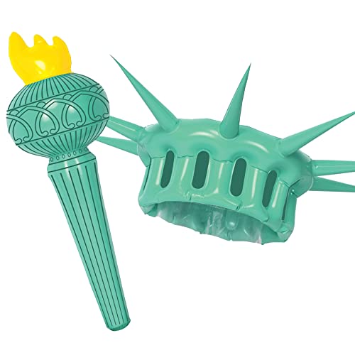 Beistle Novelty Inflatable Adult Statue of Liberty Costume Crown and Torch, Patriotic Party Decorations, 22.25" & 17.5", Green/Yellow/Black