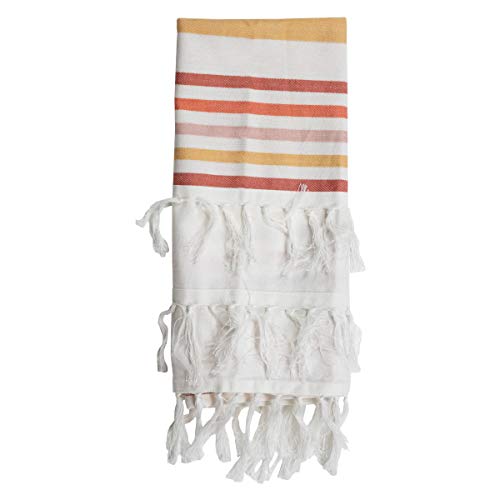 Foreside Home & Garden Yellow Striped 27 x 18 Inch Woven Kitchen Tea Towel with Hand Sewn Fringe