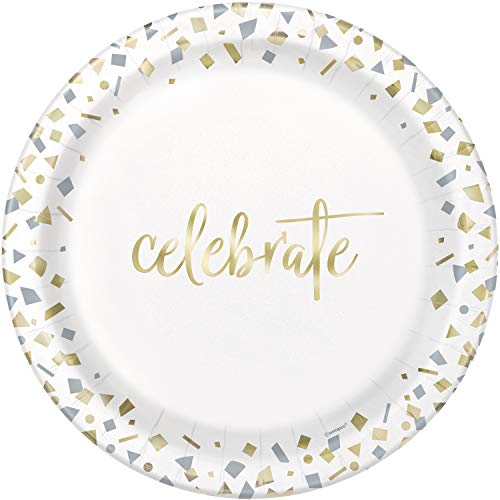Unique Industries "Celebrate" Gold Foil Confetti Round Dinner Paper Plates (10 Pcs) - 1 Pack
