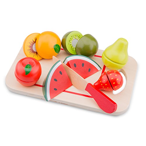 New Classic Toys Wooden Pretend Play Toy for Kids Cutting Meal Fruit 8 pieces Cooking Simulation Educational Toys and Color Perception Toy for Preschool Age Toddlers Boys Girls