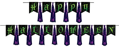 Beistle Tassel Streamer Happy Halloween Decoration, Spooky Banner, 13" x 6' & 13" x 11', Black/Green/Purple