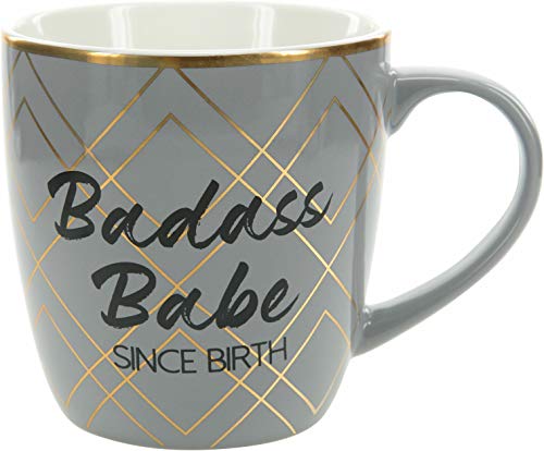 Pavilion Gift Company Badass Babe Since Birth-Gray & Gold 17oz Birthday Coffee Cup Mug, Grey