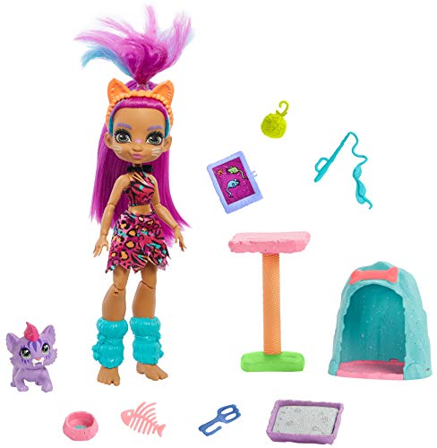 Mattel Cave Club Purr-FECT Pet Adventure Playset with Roaralai Doll (8  10-inch, Purple Hair), Pet, Cat Condo and Storytelling Pieces, Gift for 4 Year Olds and Up