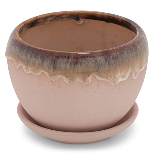 Napco Pink and Brown Drip Glazed 2.5 x 3.25 Inch Ceramic Flower Pot Planter with Saucer