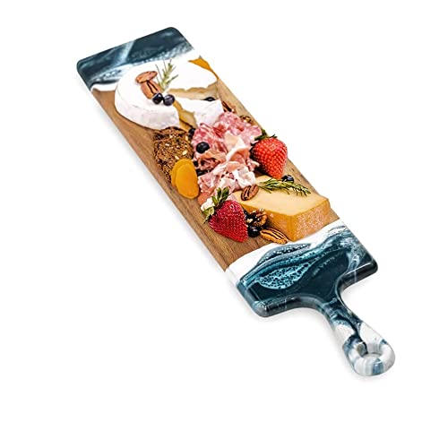 Lynn & Liana Designs Resin Accented Cheese Board, Acacia Wood Charcuterie Tray with Unique Handmade Design and Handle (5x24 Navy, White and Metalic)