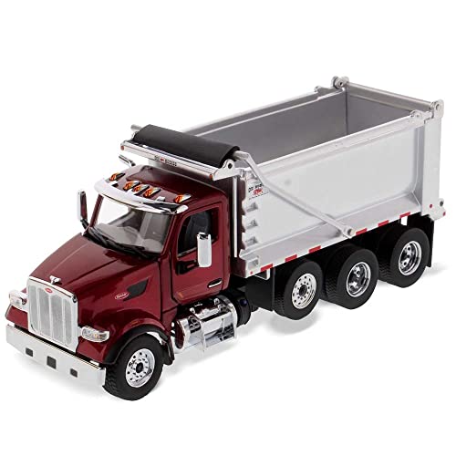 1:50 Peterbilt Model 567 Tandem with Pusher Axle - PACCAR Engine - Open Doors & Interior Ox Bodies Stampede Dump Cab - Metallic Red + Dump - Diecast Masters 71077 Transport Series
