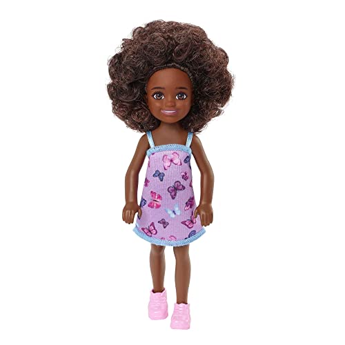 Mattel Barbie Chelsea Doll (Curly Brunette Hair) Wearing Butterfly-Print Dress and Pink Shoes, Toy for Kids Ages 3 Years Old & Up