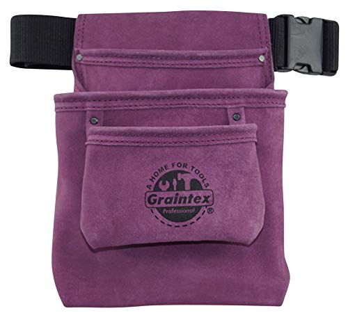 Graintex SS2082 3 Pocket Nail & Tool Pouch Purple Color Suede Leather with 2 Webbing Belt for Constructors, Electricians, Plumbers, Handymen