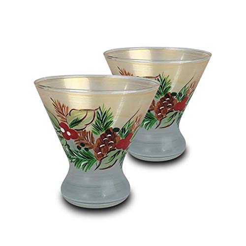 Golden Hill Studio Hand Painted Cosmopolitan Glasses Set of 2 - Black Forest Pine Collection - Hand Painted Glassware by USA Artists - Unique and Decorative Cosmos Glasses, Kitchen Table D√©cor