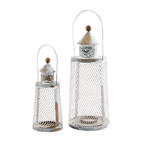 Mud pie Nested Tin Lighthouse Lanterns,small 11" x 5" dia | large 18" x 7 1/4" dia,Silver