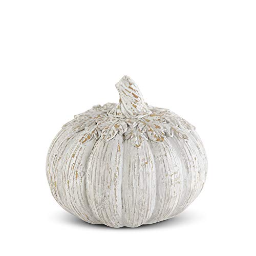 K&K Interiors 42104A 4.75 Inch Distressed White Carved Resin Pumpkin