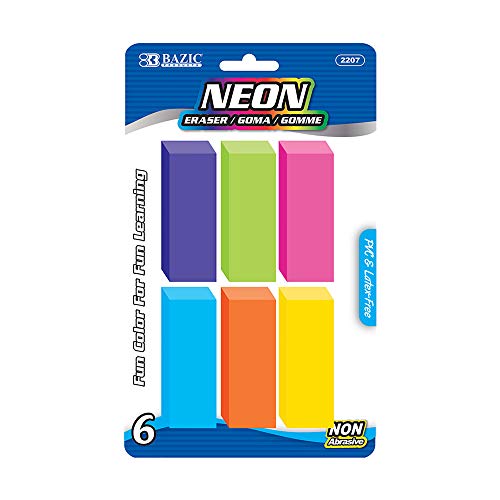 BAZIC Erasers, Neon Bevel Eraser, Latex Free, Large Size Block Erasers for Art Drawing School Office Kids Teachers (6/Pack), 1-Pack