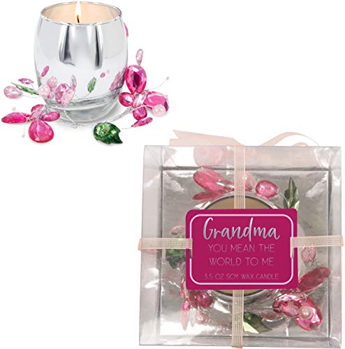 Pavilion Gift Company 3.5 Oz Jasmine Scented Candle with Pink Glass Butterfly Wreath Grandma You Mean The World to Me, 3.5 Ounce