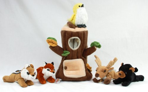 Special Edition Plush Treehouse with Animals - Tree Stump + Five (5) Stuffed Forest Animals (Fox, Elk, Bird, Black Bear, and Squirrel) by Unipak