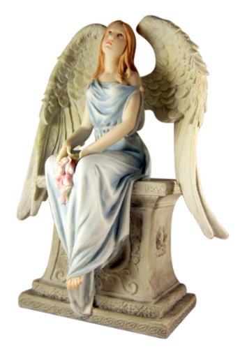 Unicorn Studio Angel with Roses Sitting on Tombstone 10 5/8 Inch Light Color Polystone Statue