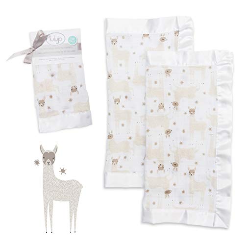 Mary Meyer lulujo Baby Security Lovie Blankets| Unisex Softest Breathable Cotton Muslin Security Blanket with Silky Satin Trim| Neutral Comforting Blanket for Girls & Boys | 16in by 16 in| Llama