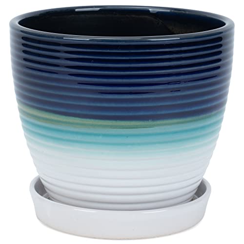 Napco Tri-Color Ribbed 5.5 x 6 Inch Blue, Green, White Ceramic Flower Pot Planter with Saucer