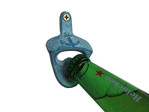 Hampton Iron Cast Iron Wall Mounted Anchor Bottle Opener, 3", Light Blue Whitewashed
